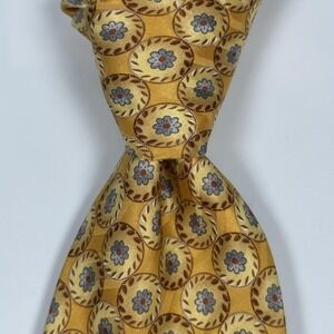 Ermenegildo Zegna‎ Tie Mens Gold Silk Geometric Medallion Floral Made Italy